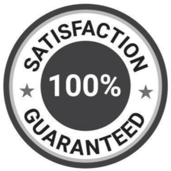 Black and white round badge displaying ‘100% Satisfaction Guaranteed’ with star icons