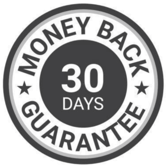 Black and white round badge reading ‘30 Days Money Back Guarantee’ with star icons