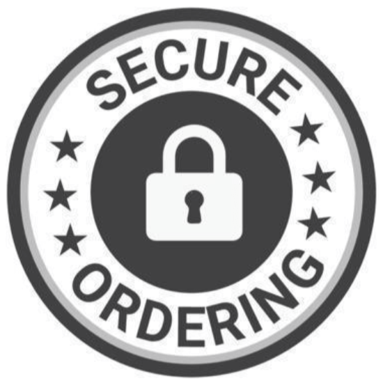 Black and white round badge featuring a lock icon and the text ‘Secure Ordering’ surrounded by stars